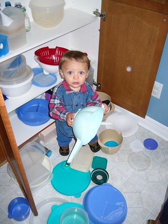 Elijah emptying  a cupboard