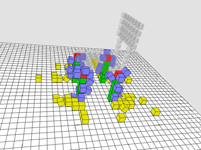 Simulation of many small cube-shaped robots reconstructing a 3D environment