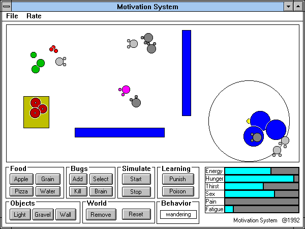 Artificial life simulation containing interacting bugs