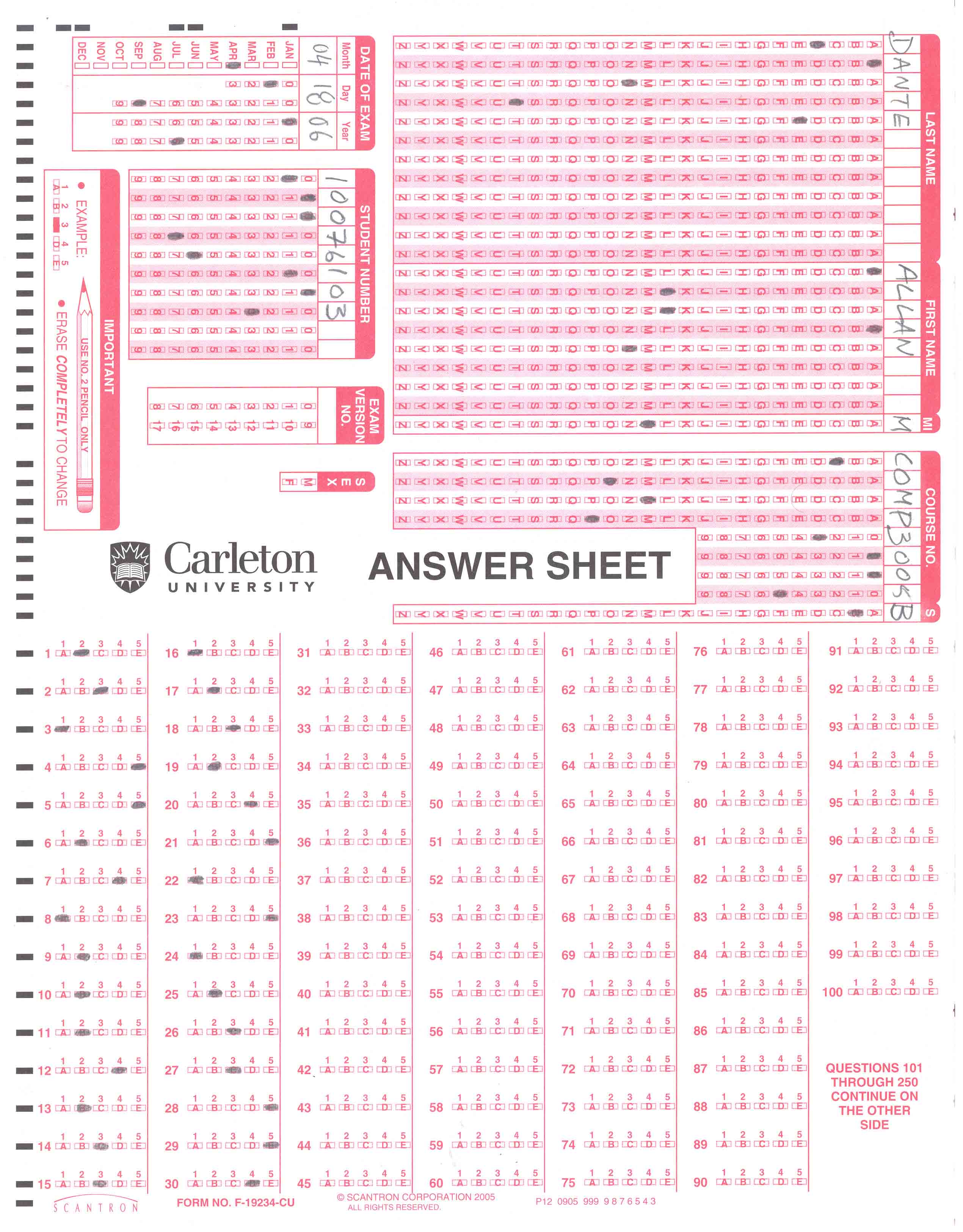 Cogat Form Scantron Sheet Printable